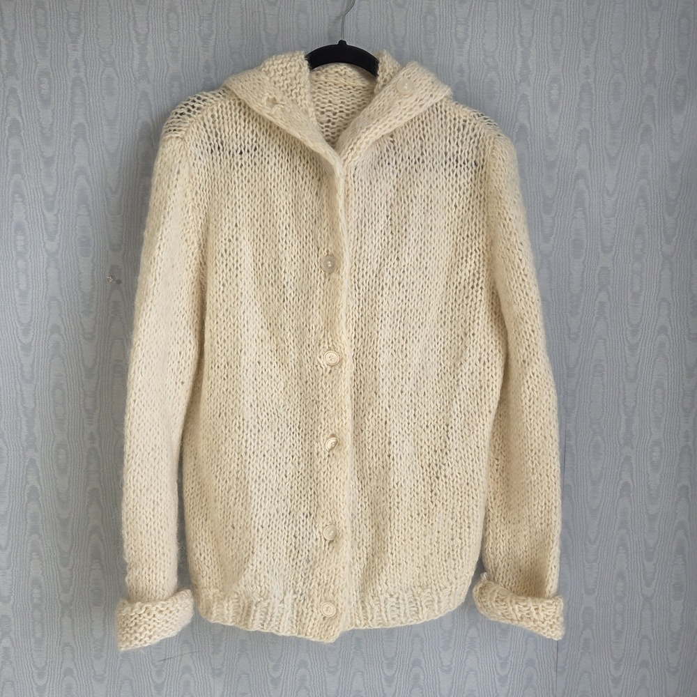 Vtg Hand Knit Sweater Cardigan Womens XL Ivory Button Down Chunky Soft Girl Boxy
